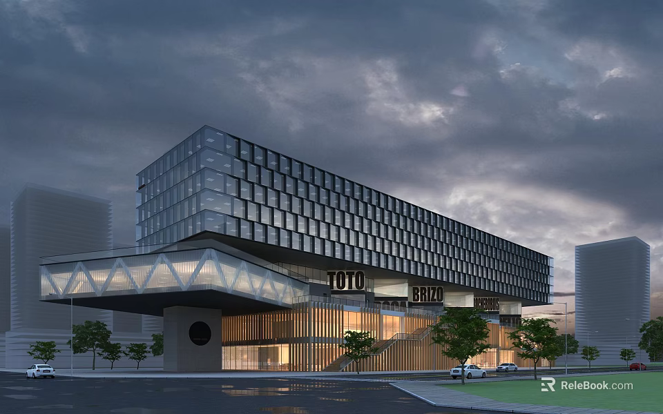 Modern Commercial Street Building With Glass Curtain Walls And Illuminated Evening Landscaping Trees 3d model 