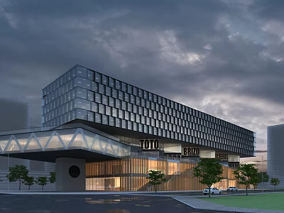 Modern Commercial Street Building With Glass Curtain Walls And Illuminated Evening Landscaping Trees 3d model