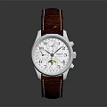 Elegant Wristwatch with White Dial Sub-Dials Brown Leather Strap Silver Stainless Steel Case
