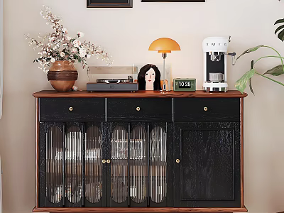 Stylish Entryway Console Cabinet With Drawers Glass Doors Vase Table Lamp Coffee Machine And Green Plant 3d model