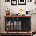 Stylish Entryway Console Cabinet With Drawers Glass Doors Vase Table Lamp Coffee Machine And Green Plant
