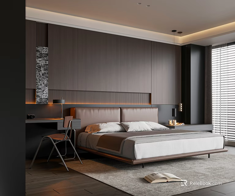 Modern Bedroom Interior With Wooden Panel Wall Double Bed Desk Chair And Venetian Blinds 3d model 