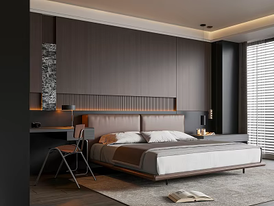 Modern Bedroom Interior With Wooden Panel Wall Double Bed Desk Chair And Venetian Blinds 3d model