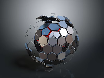 Metallic Geometric Sphere Made Of Hexagonal Polygons With Silver Black Red Futuristic Accents 3d model