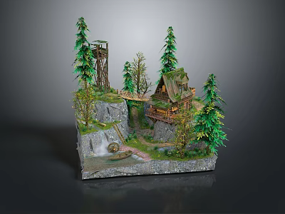 Scenic Landscape Featuring Wooden Cabin Bridge Waterfall And Pine Trees On Rocky Terrain 3d model