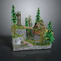 Scenic Landscape Featuring Wooden Cabin Bridge Waterfall And Pine Trees On Rocky Terrain
