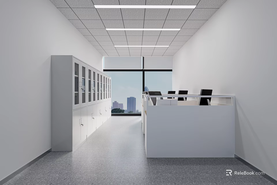 Modern Public Office Space Interior Design With Desks Chairs Storage Cabinets And Large Windows 3d model 