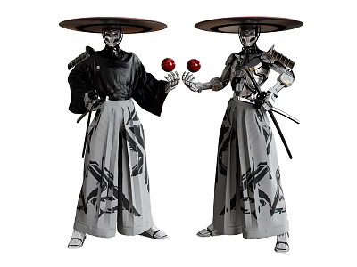 Game And Movie Characters Wearing Wide Brimmed Hats Holding Red Orbs In Traditional Attire 3d model