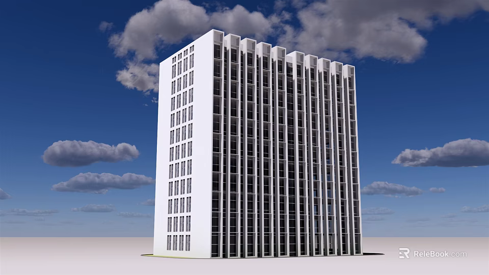 Modern White Office Building Tall Structure With Glass Windows Against Blue Sky And Clouds 3d model 
