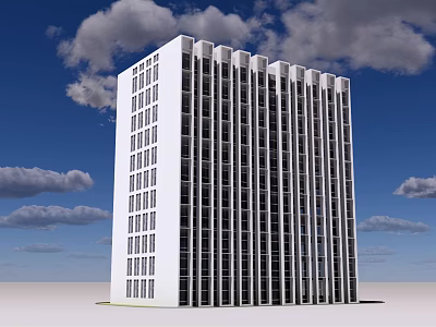 Modern White Office Building Tall Structure With Glass Windows Against Blue Sky And Clouds 3d model