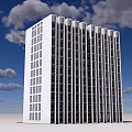 Modern White Office Building Tall Structure With Glass Windows Against Blue Sky And Clouds
