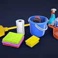 Essential Household Cleaning Tools Including Broom Bucket Brush Spray Sponges Dustpan And Paper Towel