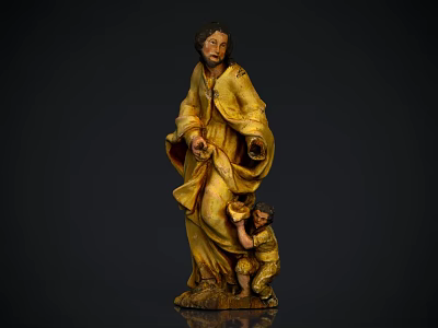 Hand Carved Wooden Sculpture of Adult in Yellow Robe and Child with Detailed Robe Folds 3d model