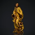 Hand Carved Wooden Sculpture of Adult in Yellow Robe and Child with Detailed Robe Folds