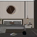Modern Bedroom Interior With Bed Round Mirror Bedside Tables Pendant Lights Rug And Wardrobe