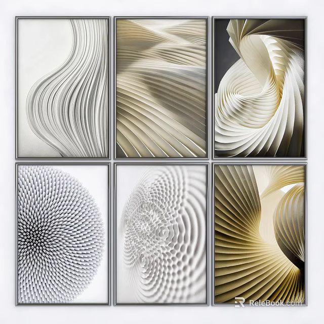 Abstract Paintings With Geometric Lines Waves Spirals And Radial Patterns In Gold White Gray Tones 3d model 