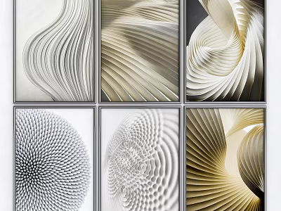 Abstract Paintings With Geometric Lines Waves Spirals And Radial Patterns In Gold White Gray Tones 3d model