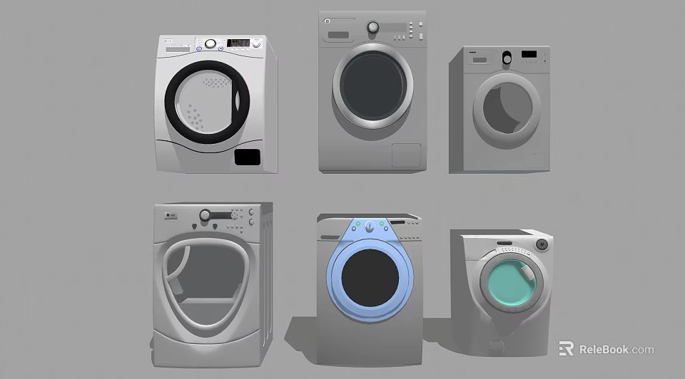 Various Stylish Washing Machines With Different Door Designs And Control Panels 3d model 