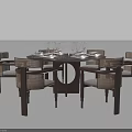 Modern Round Dining Table Set With Rattan Chairs And Wooden Frame 3d model