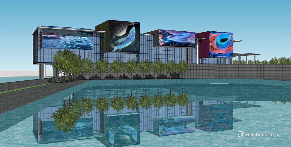 Modern Commercial Complex With Glass Curtain Walls Large Digital Screens And Water Reflections 3d model 