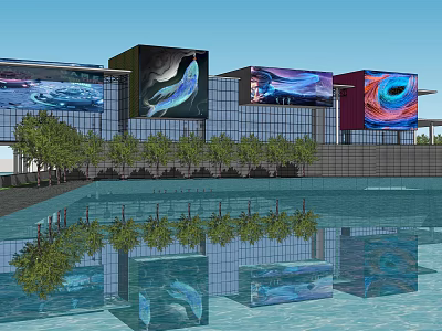 Modern Commercial Complex With Glass Curtain Walls Large Digital Screens And Water Reflections 3d model