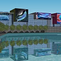Modern Commercial Complex With Glass Curtain Walls Large Digital Screens And Water Reflections