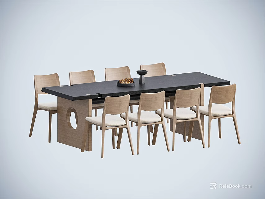 Modern Dining Table Set With Wooden Frame Black Tabletop And Light Colored Chairs 3d model