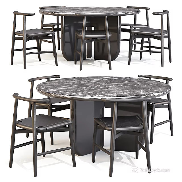 Modern Round Dining Table Set With Marble Top And Wooden Chairs 3d model