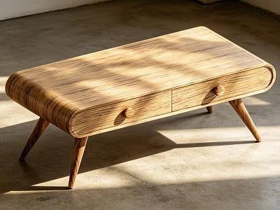 Modern Wooden Coffee Table With Unique Wood Grain Two Drawers And Slim Legs 3d model