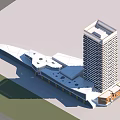 Modern High Rise Hotel Building With Glass Facade And Lower Podium Structure