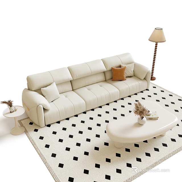 White Three Seater Sofa With Pillows On Black And White Checkered Rug And Floor Lamp 3d model 