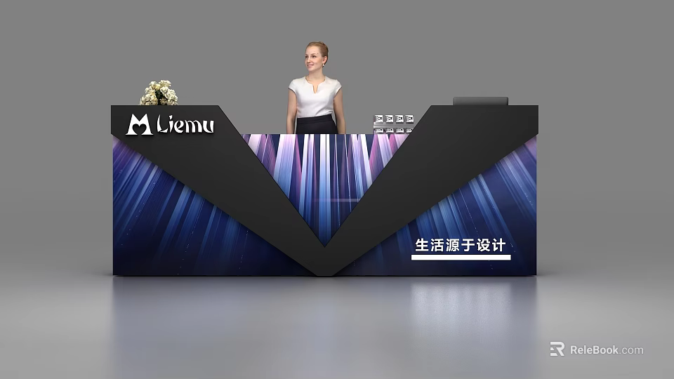 Modern Liemu Reception Desk With Blue Purple Striped Background And Logo 3d model 