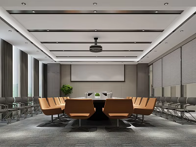 Modern Conference Room With Black Table Orange Chairs Projector Screen And Recessed Lighting 3d model