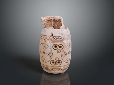 Ancient Clay Sculpture Carving With Broken Vessel And Intricate Circular Patterns 3d model