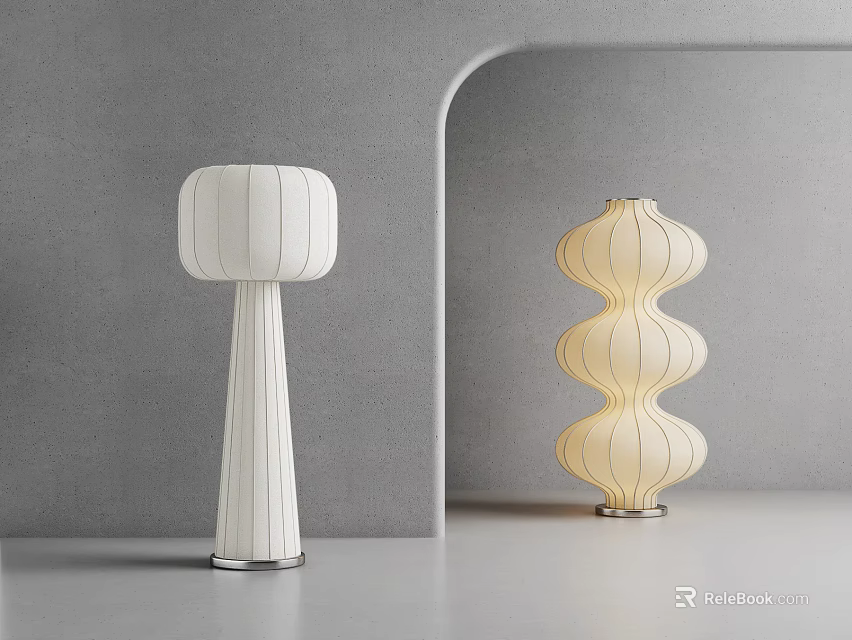 Modern Floor Lamps with White Striped and Beige Wavy Shades in Gray Room 3d model 