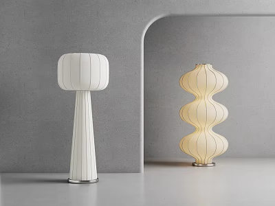 Modern Floor Lamps with White Striped and Beige Wavy Shades in Gray Room 3d model