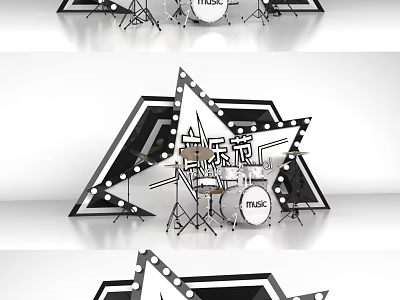 Creative Musical Instruments Stage Display With Star Shaped Lighting Frame And Drums Set 3d model