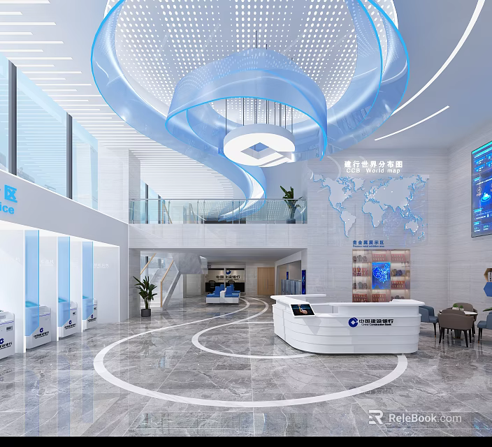 Modern Hotel Lobby Interior With Blue Spiral Decor Front Desk World Map And Marble Floor 3d model 