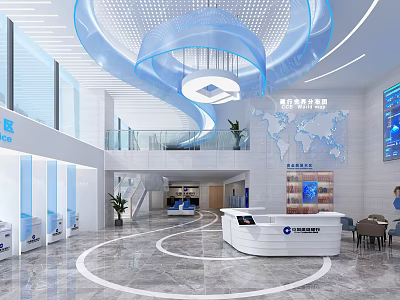 Modern Hotel Lobby Interior With Blue Spiral Decor Front Desk World Map And Marble Floor 3d model