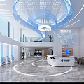 Modern Hotel Lobby Interior With Blue Spiral Decor Front Desk World Map And Marble Floor