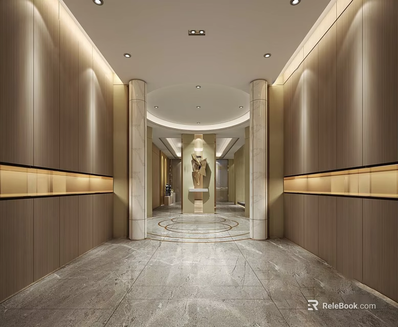 Luxurious Hotel Corridor Featuring Modern Design Wooden Walls Marble Floor And Elegant Lighting 3d model 