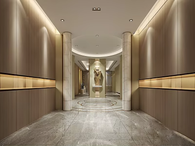 Luxurious Hotel Corridor Featuring Modern Design Wooden Walls Marble Floor And Elegant Lighting 3d model