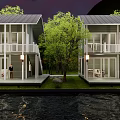 Waterfront Detached Villas With Lawn Trees And Balcony In Sunset Sky