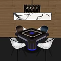 Elegant Modern Entertainment Table With White Chairs Wall Art And Chandelier