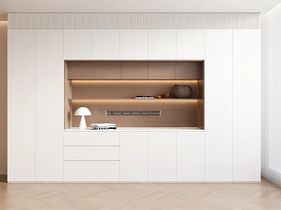 Modern White Sideboard With Wooden Shelf LED Lighting Drawers And Cabinets 3d model
