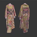 Traditional Yellow Kimono With Floral Patterns And Obi Front Back Views 3d model