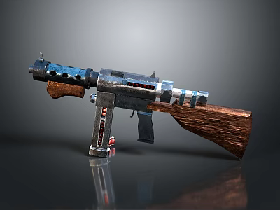 Vintage Military Weapon Gun With Blue Black Metal Body Wooden Stock And Red Indicator Light 3d model