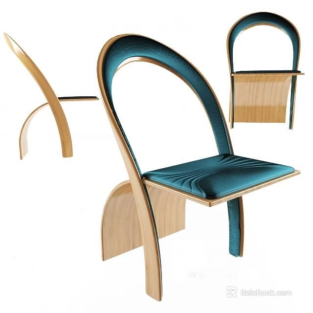 Modern Leisure Chair With Curved Wooden Frame And Blue Upholstered Cushioned Seat 3d model 