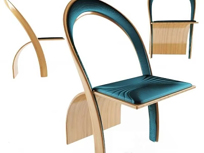 Modern Leisure Chair With Curved Wooden Frame And Blue Upholstered Cushioned Seat 3d model