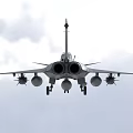 Modern Gray Fighter Jet Flying in Cloudy Sky with Landing Gear and Armaments